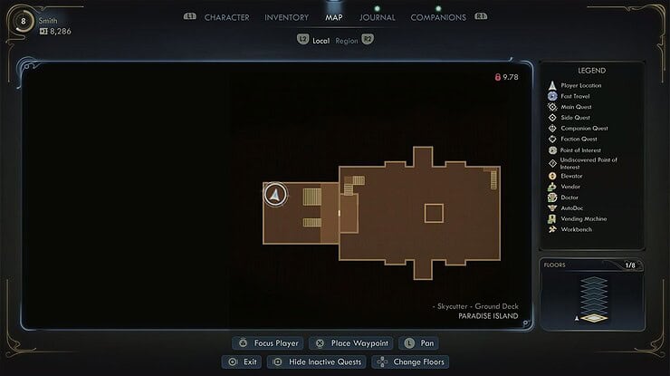 A map showing the location of the chest in the Skycutter A102 facility