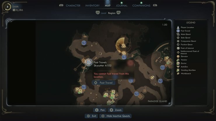 A map showing players where to find the Skycutter A102 facility