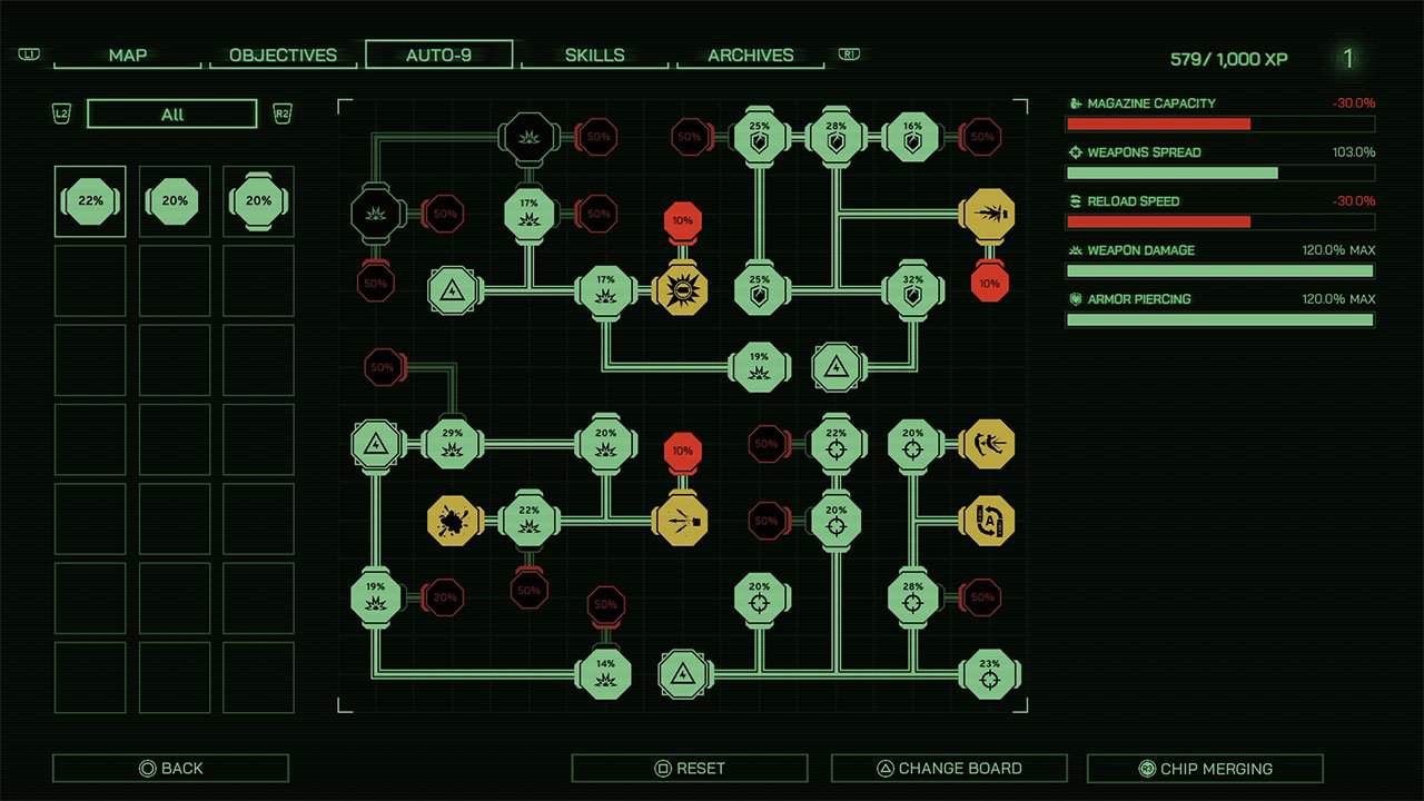 Auto-9 customization system showing boards and chips for the optimal build of weapon
