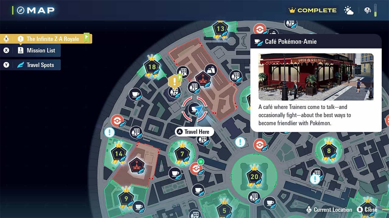 A map showing where to find Cafe Pokemon-Amie,