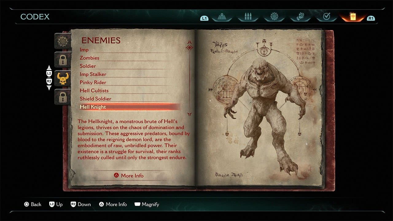 Showing codex entries for enemies in Doom The Dark Ages