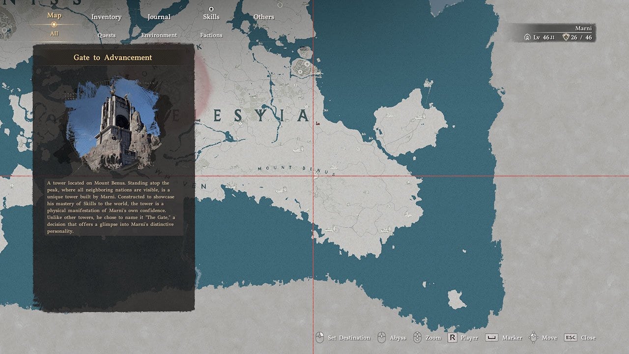 A map showing players where to find the Gate of Advancement