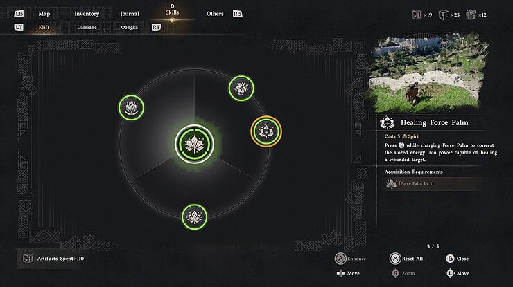 Showing the skill Healing Force Palm in the skill menu