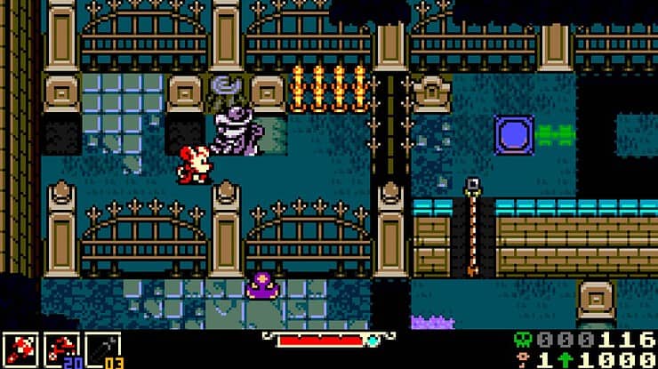 Haunted graveyard with spooky skeleton and ghost in pixel art style.