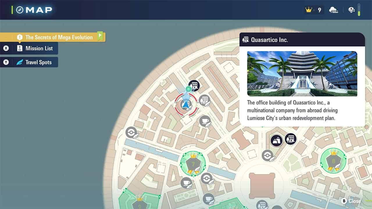 A map showing players where to find the Quasartico Inc. building