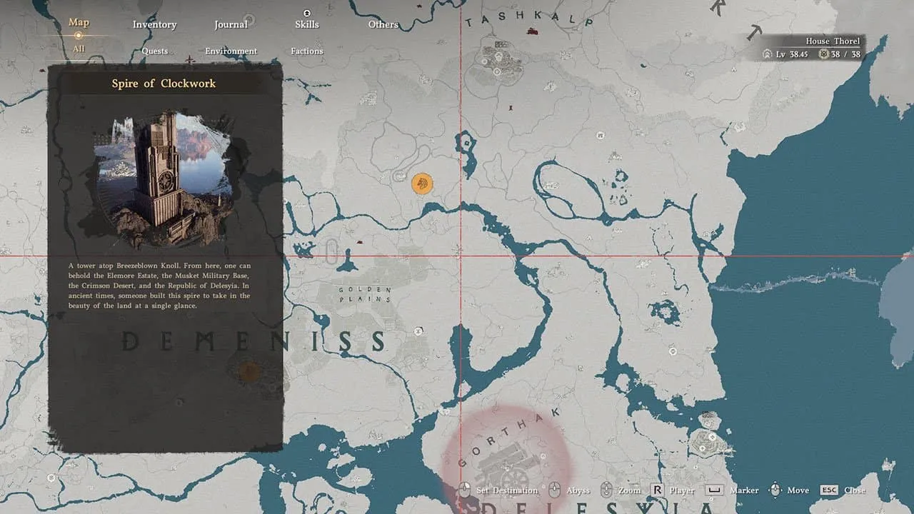 A map showing players where to find the Spire of Clockwork