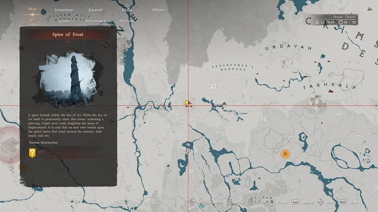 A map showing players where to find the Spire of Frost
