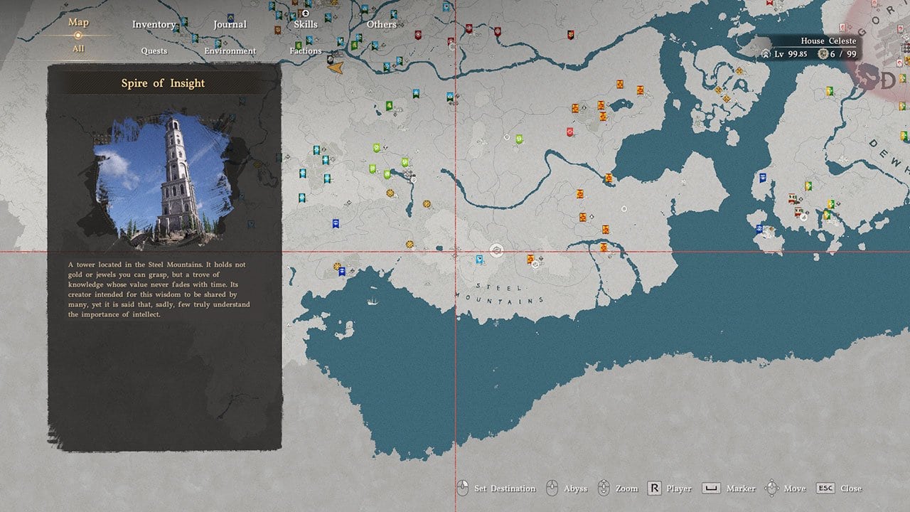 A map showing players where to find the Spire of Insight