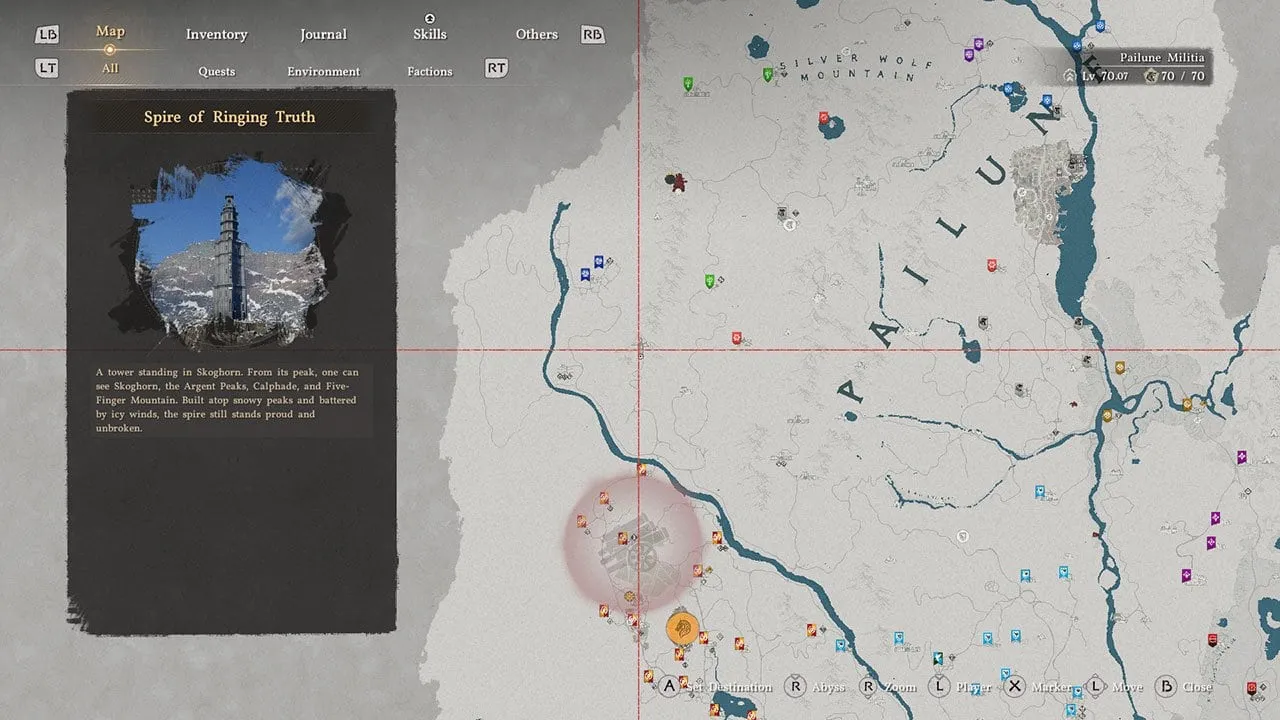 A map showing players where to find the Spire of Ringing Truth