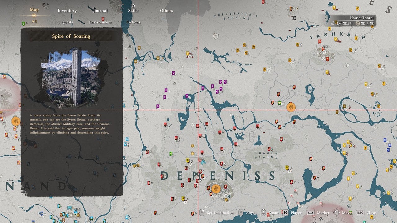 A map showing players where to find the Spire of Soaring