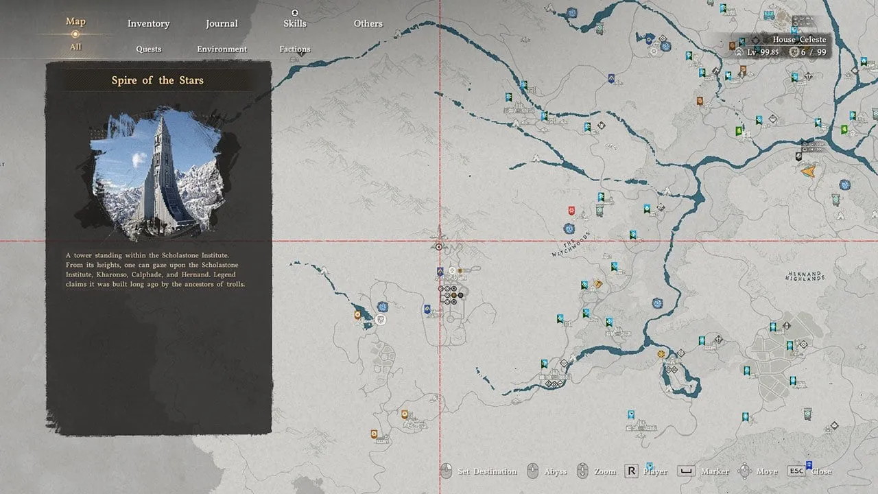 A map showing players where to find the Spire of the Stars