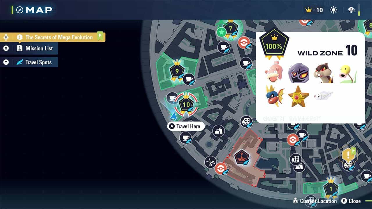A map showing where to find Wild Zone #10 and the Pokemon in it