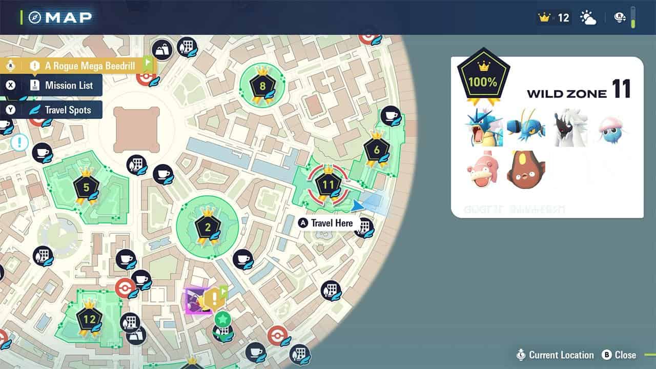 A map showing Wild Zone #11 and the Pokemon inside it