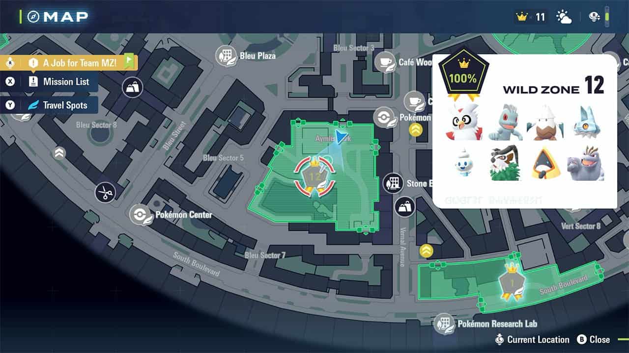 A map showing players where to find Wild Zone 12 and the Pokemon inside it