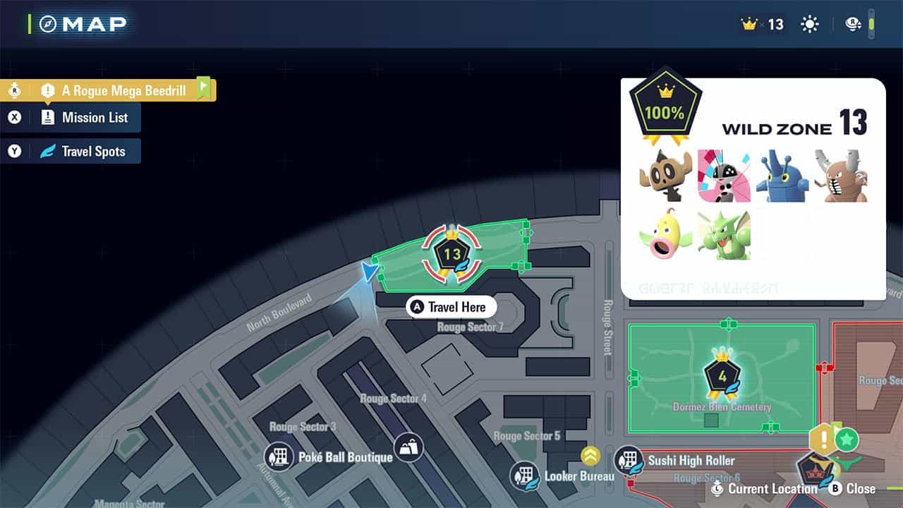 A map showing where to find Wild Zone #13 and what Pokemon are inside it