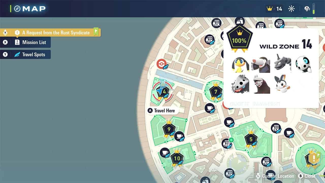 A map showing the location and the Pokemon available to be caught in Wild Zone #14