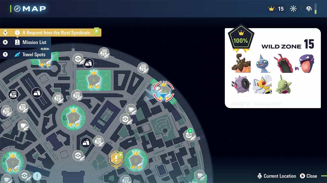 A map showing the location and Pokemon that can be found in Wild Zone #15