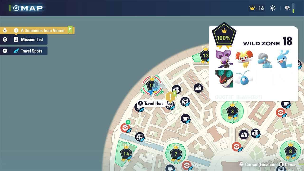 A map showing where to find Wild Zone #18 and what Pokemon are inside