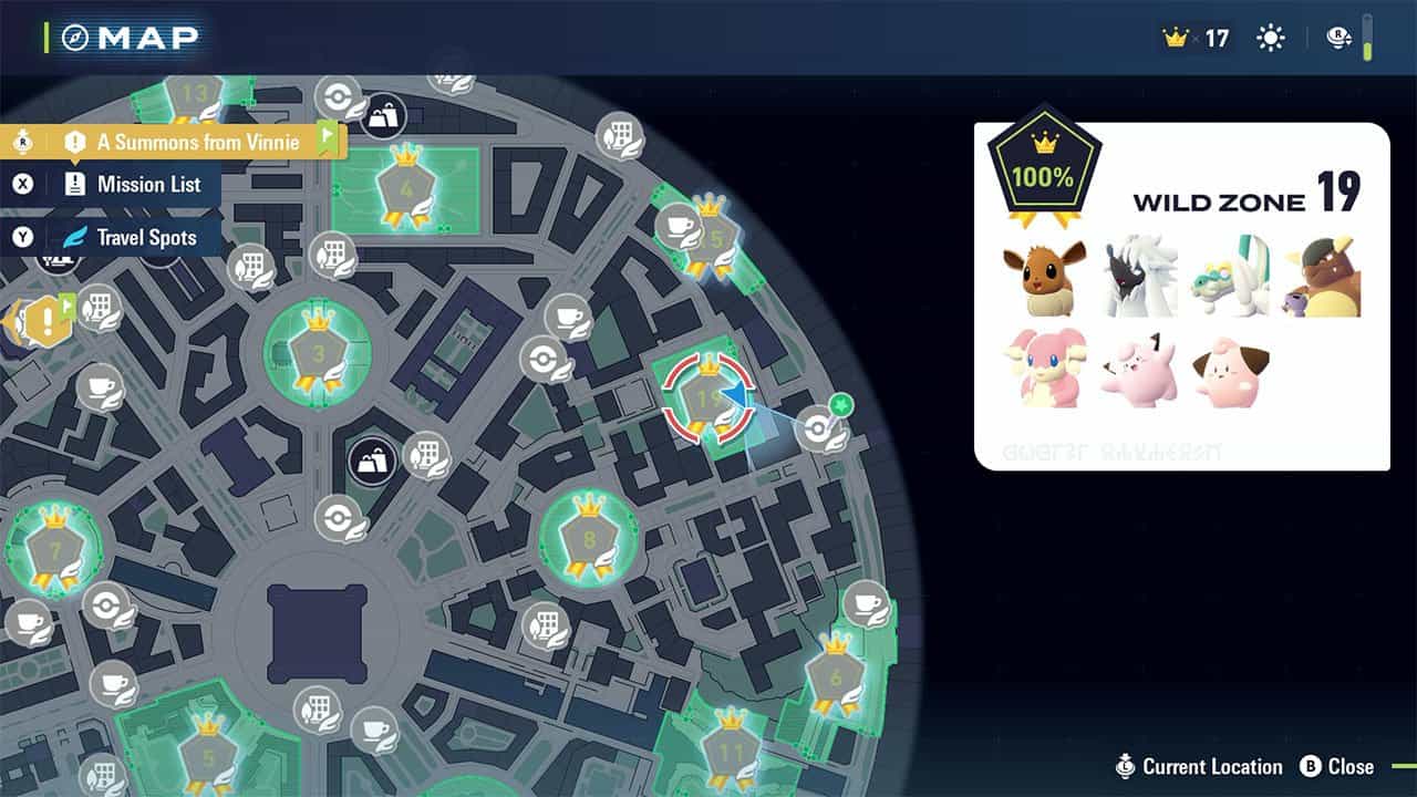 A map showing players where to find Wild Zone #19 and the Pokemon inside it