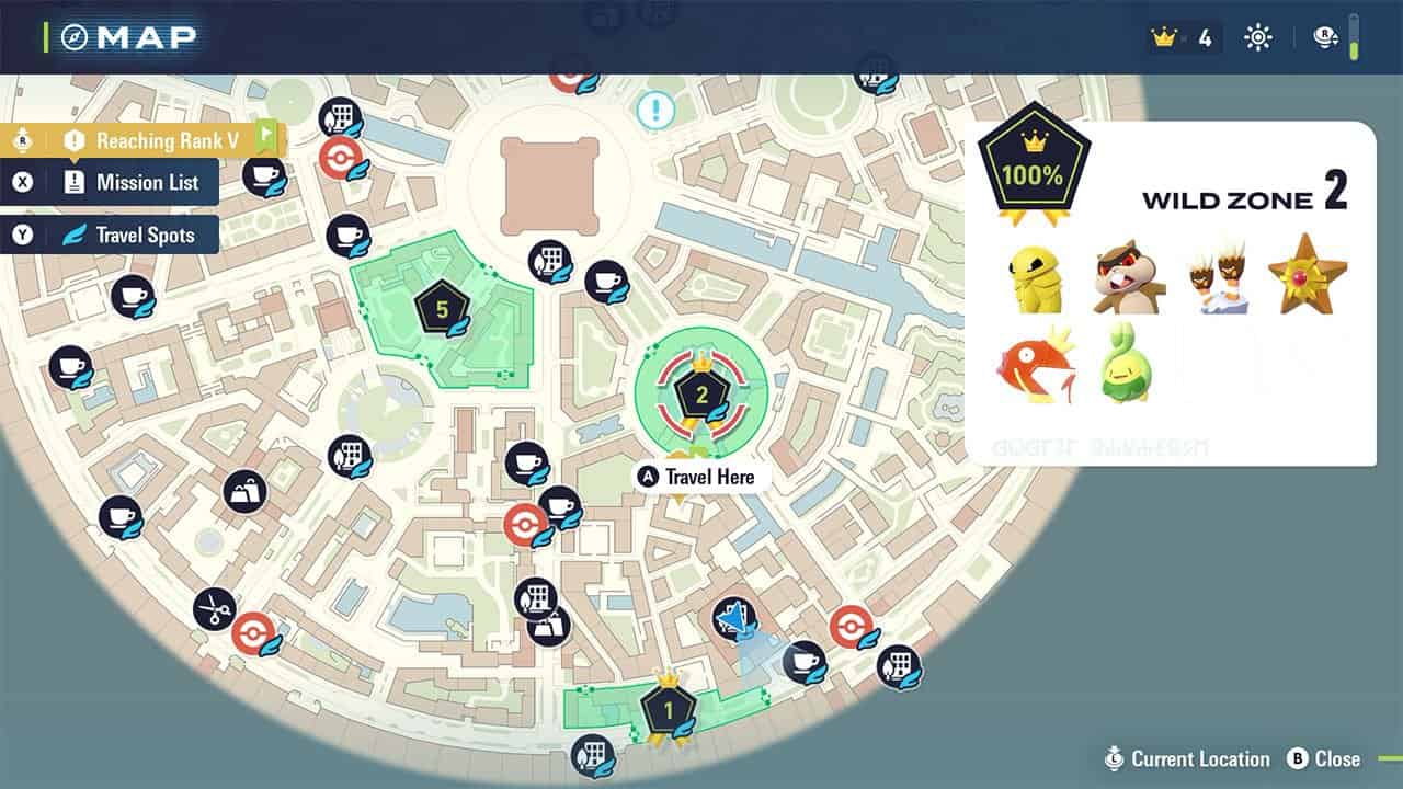A map showing players the location of Wild Zone 2 and all the Pokemon in it