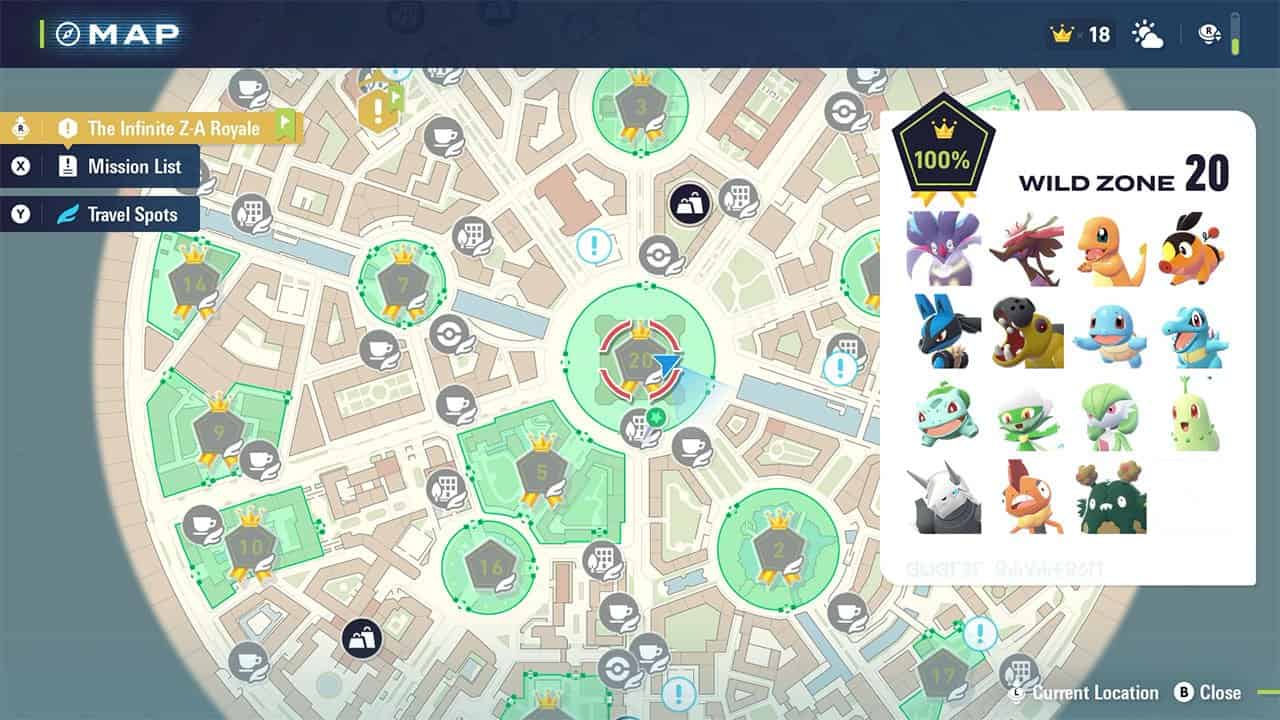 An image showing players where to find Wild Zone #20 and all the Pokemon there
