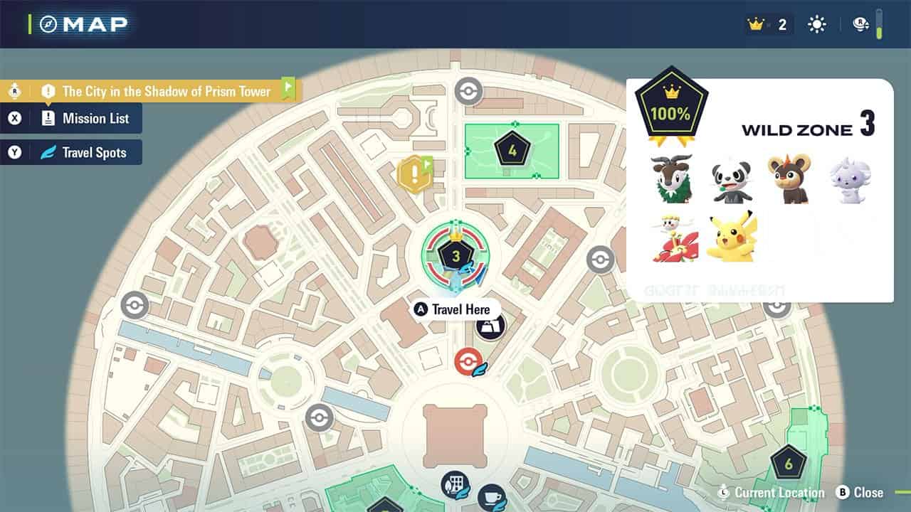 A map showing the location of Wild Zone 3 and all the Pokemon in it