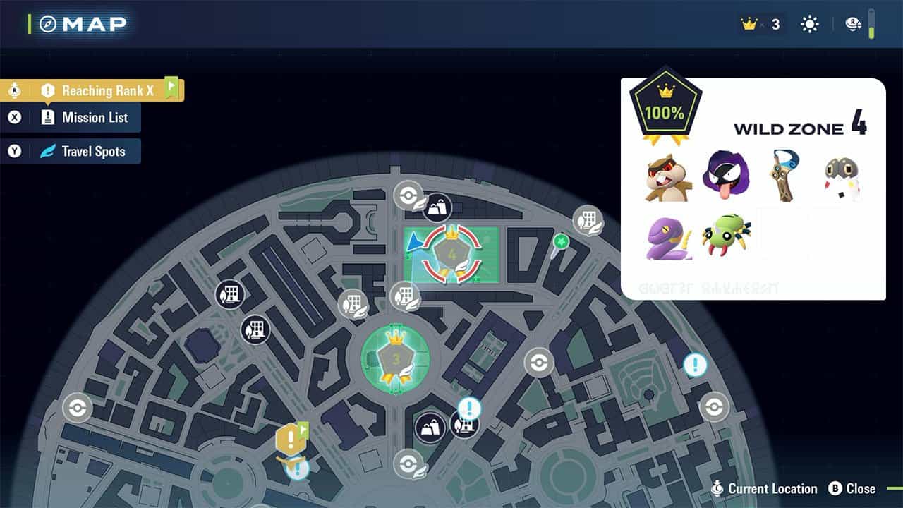 A map showing where to find Wild Zone 4 and the Pokemon inside it
