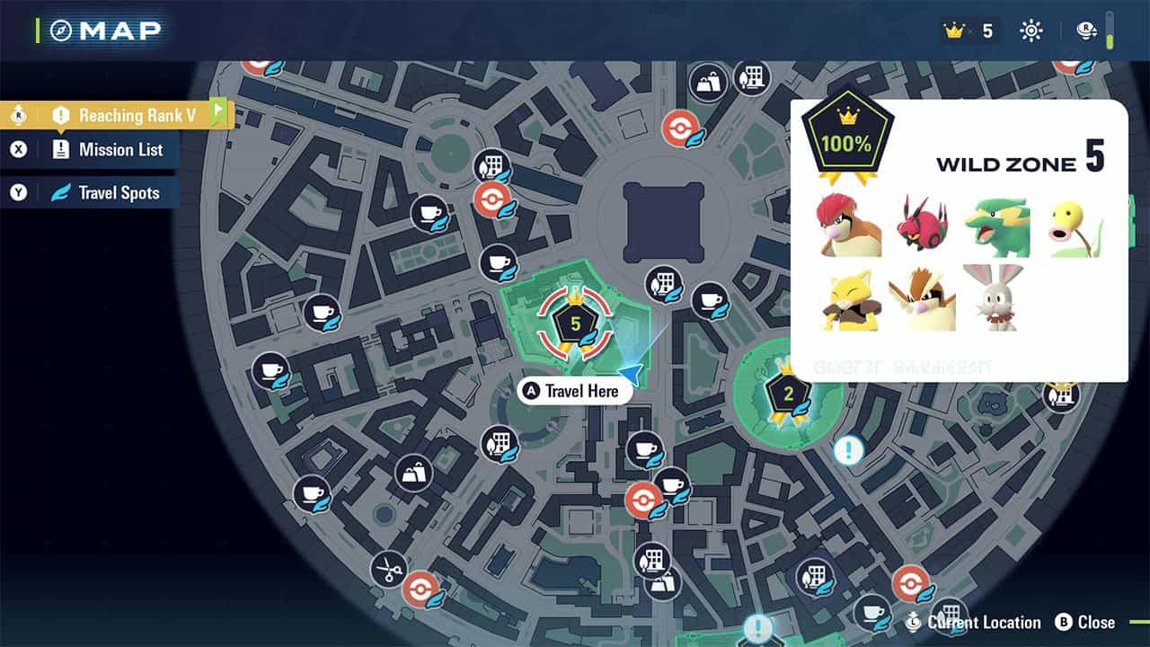 A map showing players where to find Wild Zone #5 and what Pokemon are inside