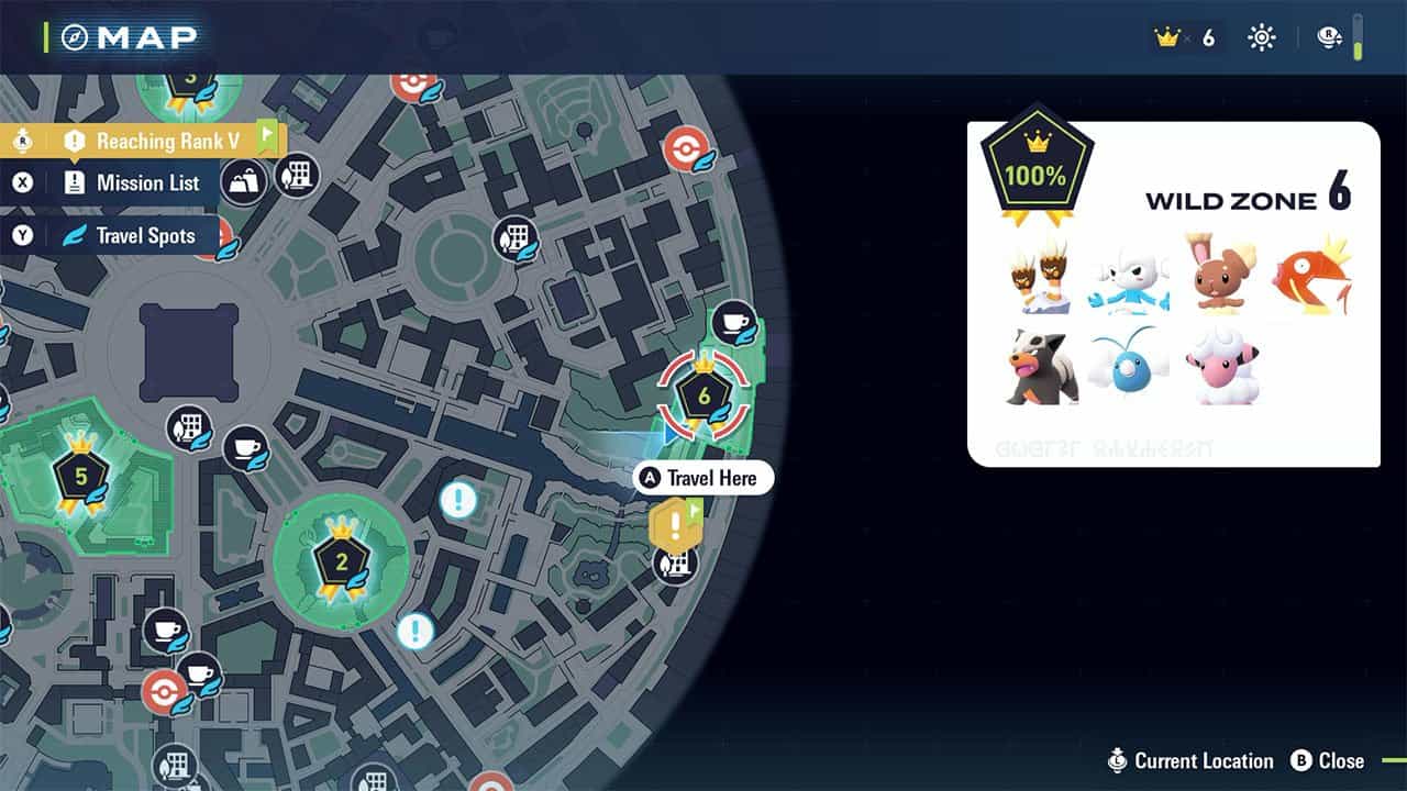 A map showing players where to find Wild Zone #6 and what Pokemon are inside