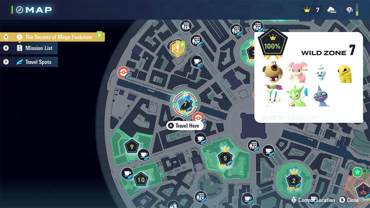A map showing players where to find Wild Zone 7 and the Pokemon inside it