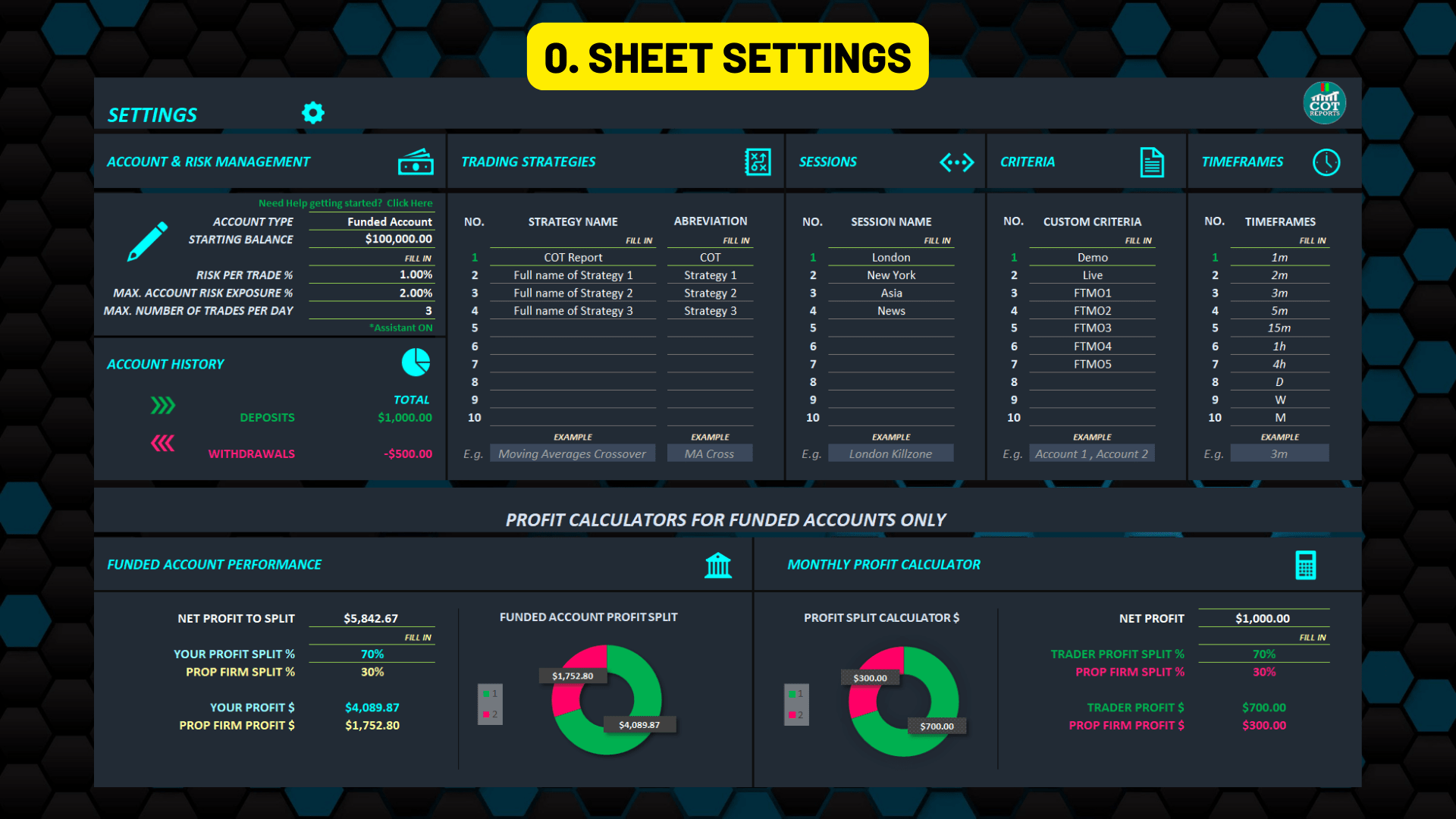 TRADING JOURNAL - SHEET SETTINGS