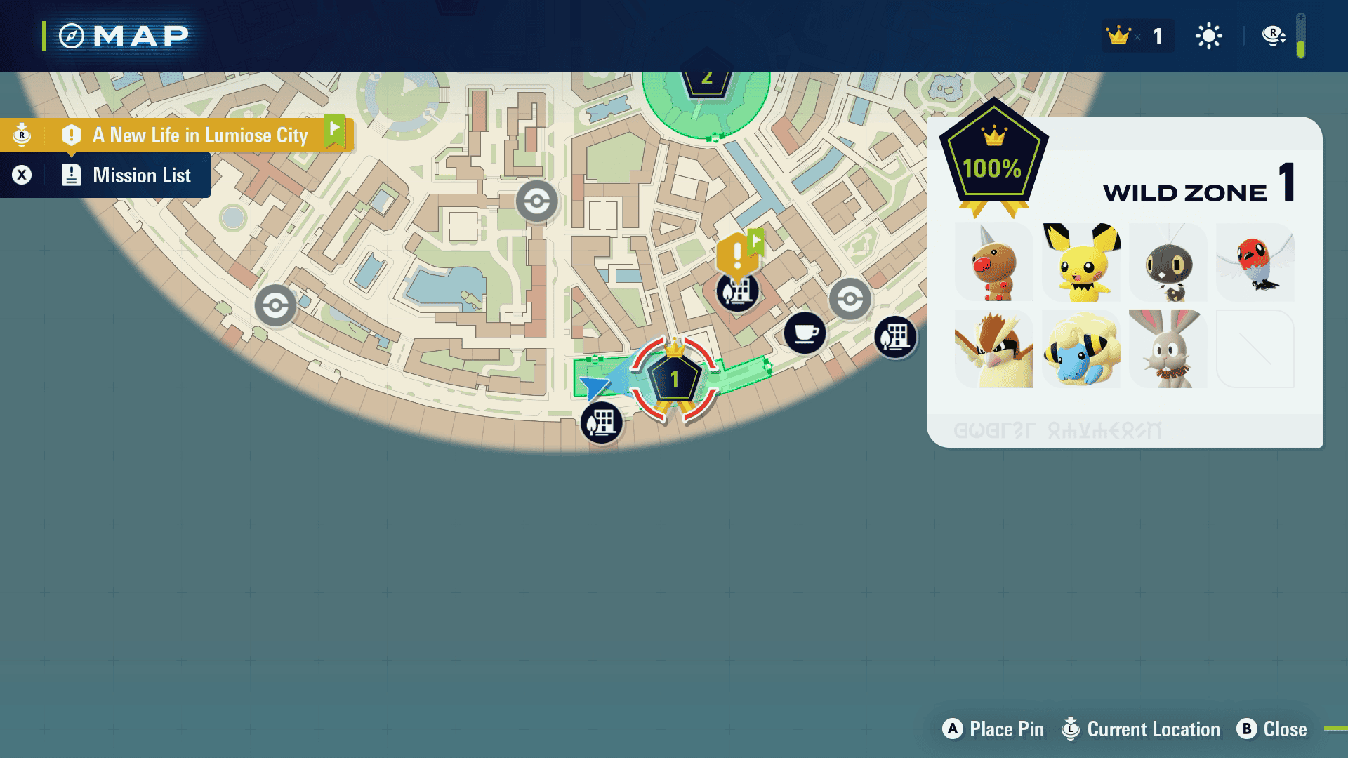 A map showing the location and Pokemon at Wild Zone 1