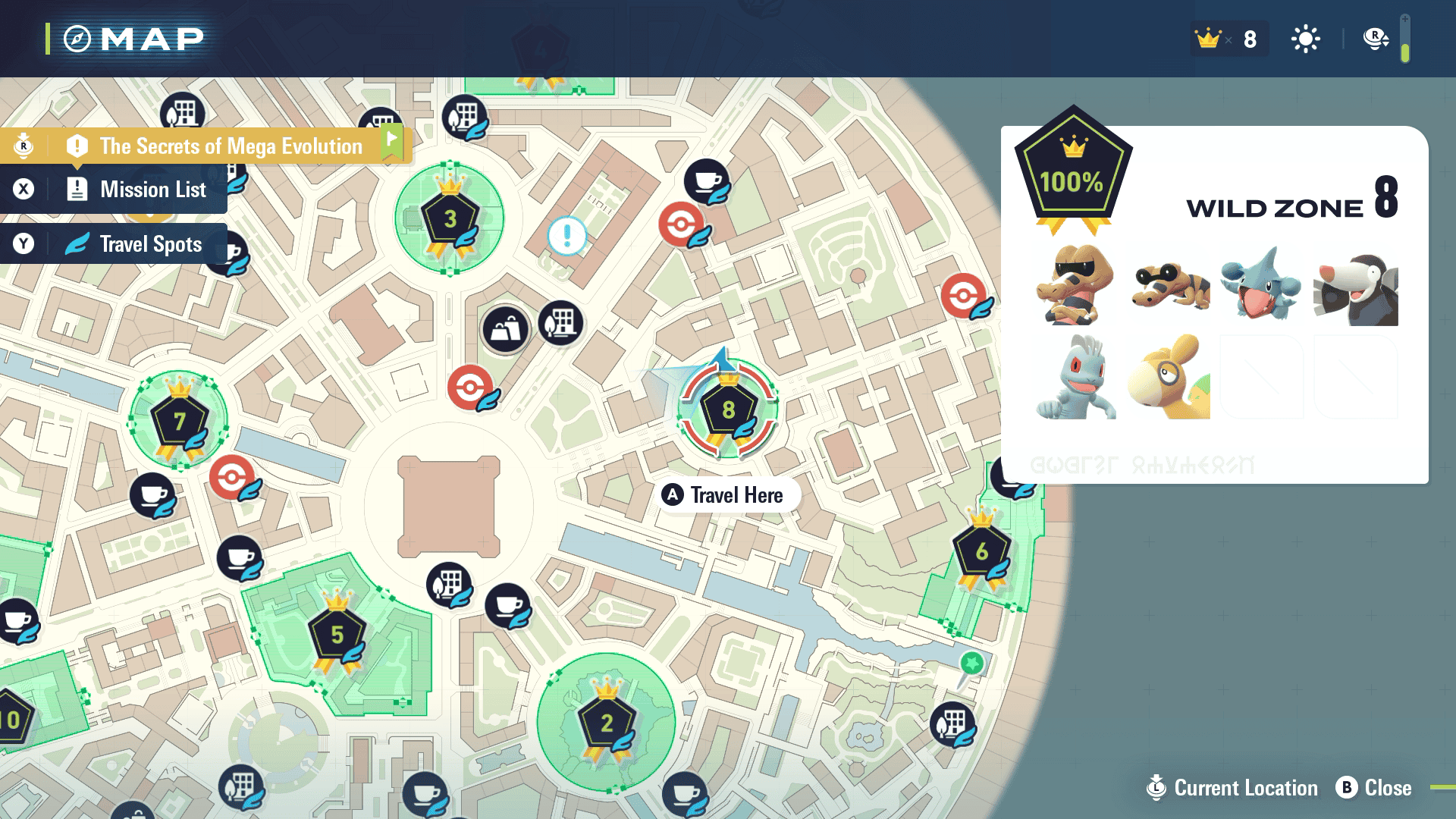 A map showing players where to find Wild Zone #8 and what Pokemon are inside